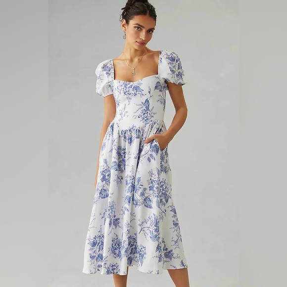 Reformation Davila Linen blue floral Dress size 8 -  threedaughtersproperties.com